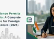 Woman holding passport and filling residence permit application with Indian flag on desk